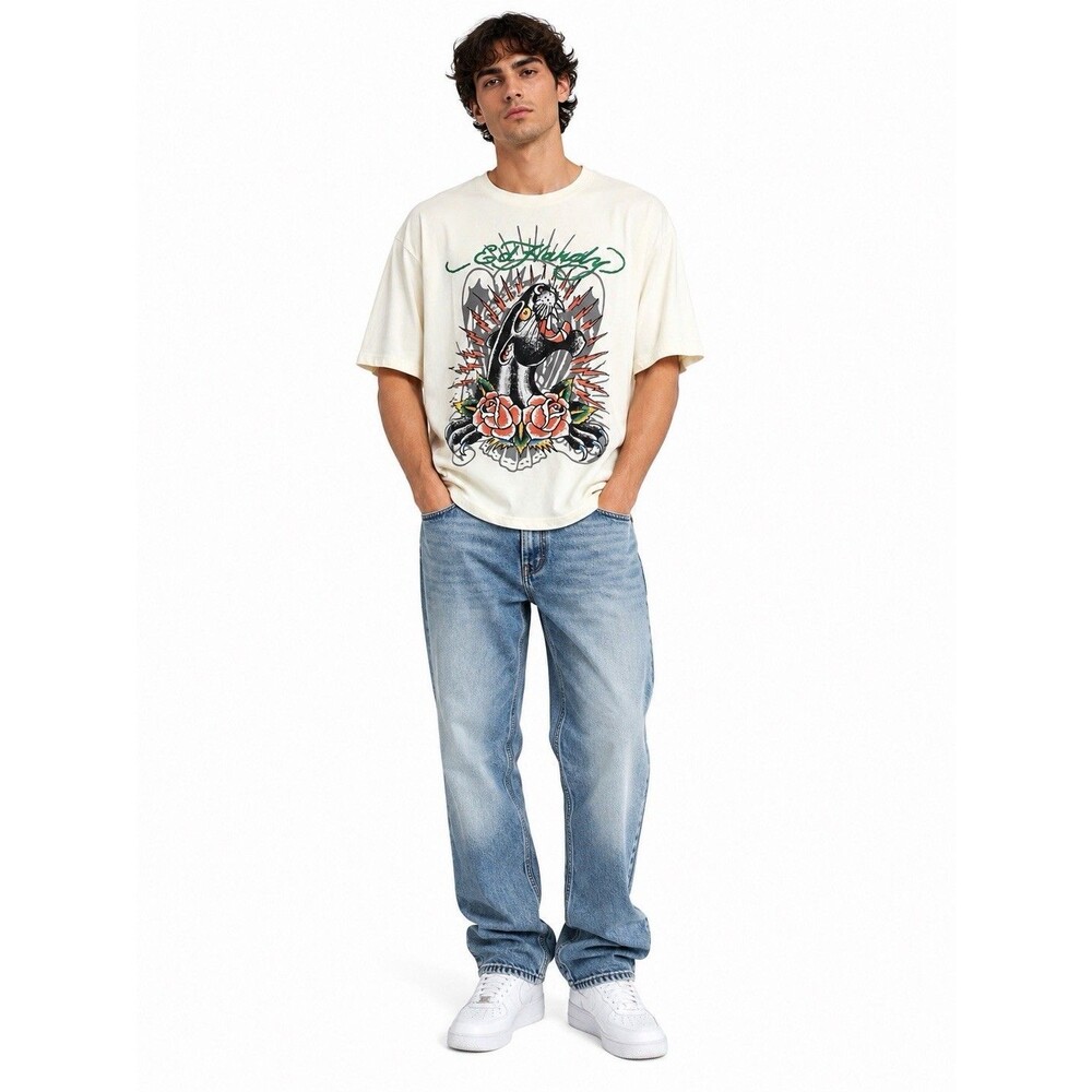 Ed Hardy Graffiti Art T-Shirt XL Ivory Crew Neck Panther Short Sleeve Tattoo NWT
